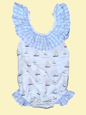 EUC Busy Bee Smocks sail boat print with blue gingham ruffles swimsuit 18mo